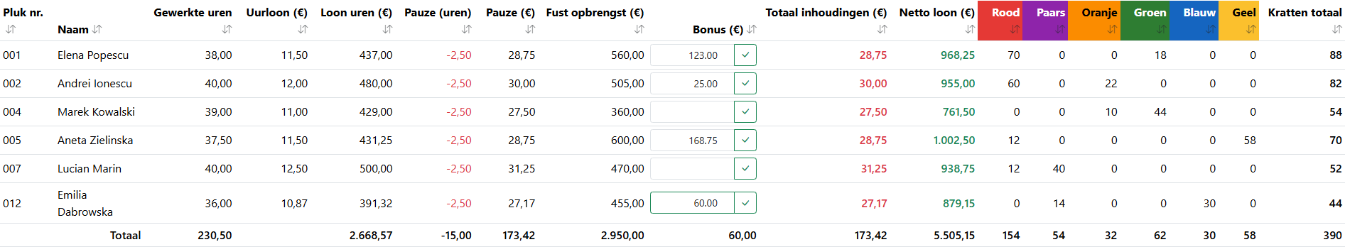 Financieel overzicht met loonkosten per medewerker