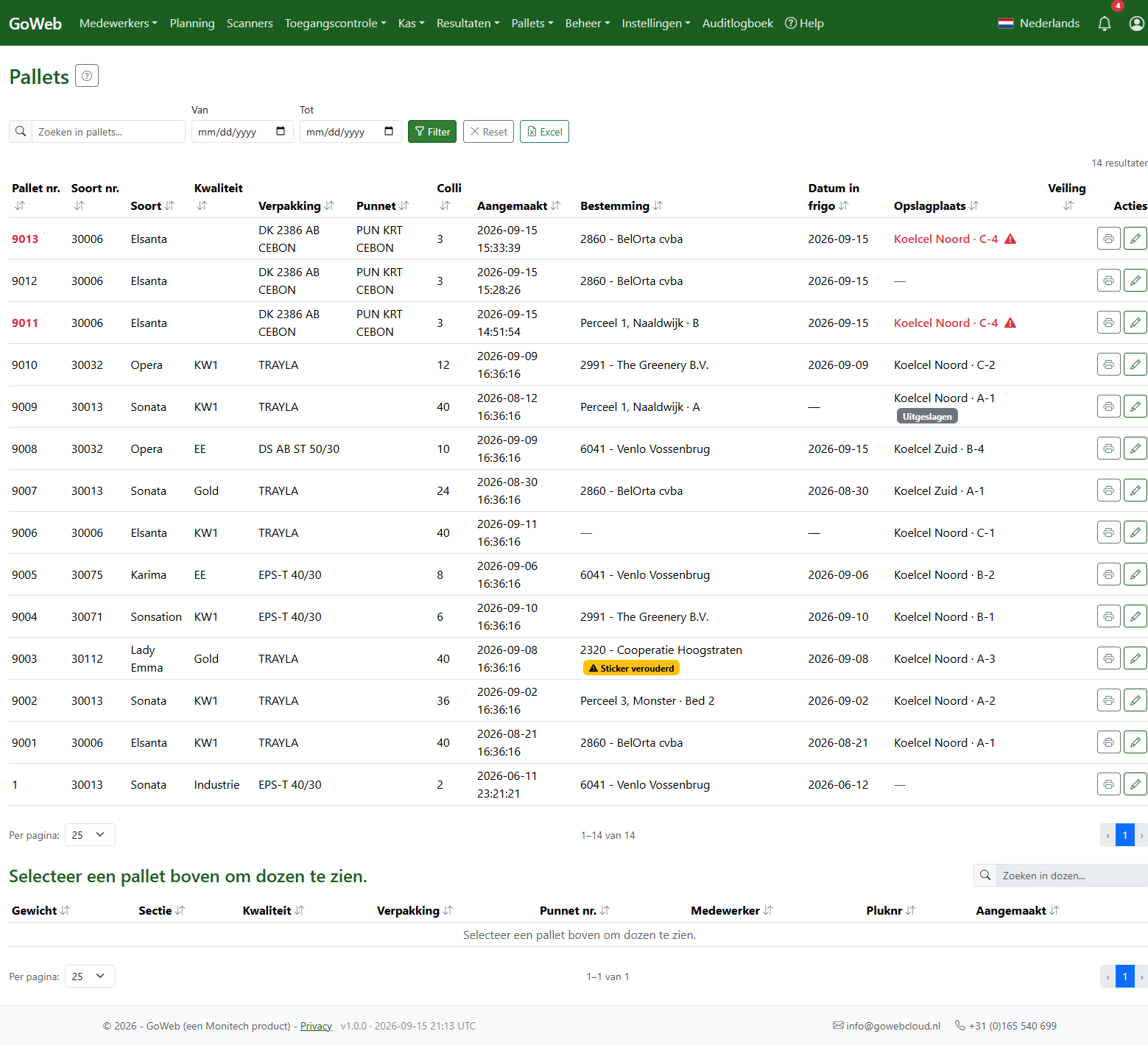 Palletoverzicht in GoWeb